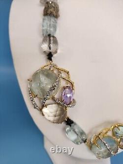 Alexis Bittar Signed Statement Necklace, Aquamarine, Smokey & Rose Quartz Pyrite