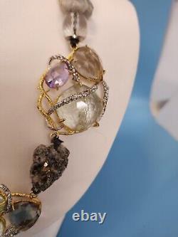 Alexis Bittar Signed Statement Necklace, Aquamarine, Smokey & Rose Quartz Pyrite