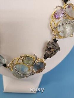 Alexis Bittar Signed Statement Necklace, Aquamarine, Smokey & Rose Quartz Pyrite