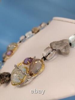 Alexis Bittar Signed Statement Necklace, Aquamarine, Smokey & Rose Quartz Pyrite