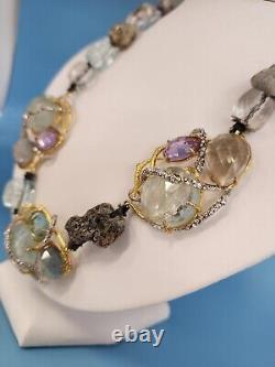 Alexis Bittar Signed Statement Necklace, Aquamarine, Smokey & Rose Quartz Pyrite