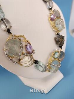 Alexis Bittar Signed Statement Necklace, Aquamarine, Smokey & Rose Quartz Pyrite