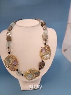 Alexis Bittar Signed Statement Necklace, Aquamarine, Smokey & Rose Quartz Pyrite