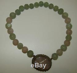 Amazing, Antique, Chinese Rose Quartz & Green Hardstone Pendant On Bead Necklace