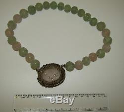 Amazing, Antique, Chinese Rose Quartz & Green Hardstone Pendant On Bead Necklace