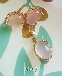 Amazing ROSE QUARTZ Diamond 18K ROSE GOLD Pendant Earrings SET Bridal Estate