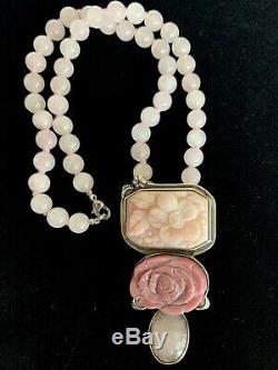 Amy Kahn Russell Silver Carved Rose Quartz Floral Designet Pendant/Necklace