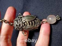 An Antique Chinese Minority Silver Cicada Amulet Pendant Charm Rose Quartz