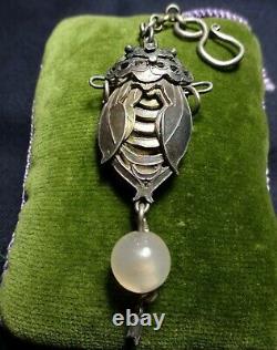 An Antique Chinese Minority Silver Cicada Amulet Pendant Charm Rose Quartz