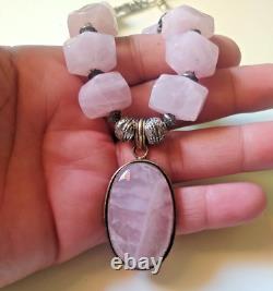 Ancient Vintage Victorian Sterling Silver Pendant Necklace Rose Quartz Stone