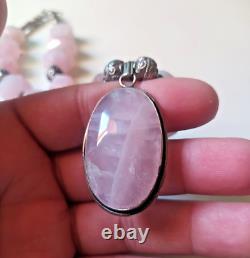 Ancient Vintage Victorian Sterling Silver Pendant Necklace Rose Quartz Stone