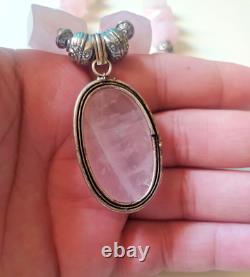 Ancient Vintage Victorian Sterling Silver Pendant Necklace Rose Quartz Stone