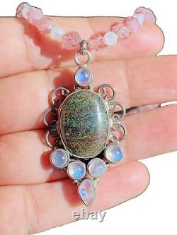 Andamooka Opal Moonstone Sterling Silver Pendant Rose Quartz Bead Necklace 18