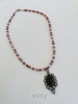 Andamooka Opal Moonstone Sterling Silver Pendant Rose Quartz Bead Necklace 18