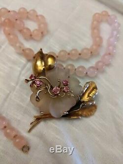 Angela County Rose Quartz And Gold Rose pendant necklace