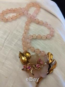 Angela County Rose Quartz And Gold Rose pendant necklace