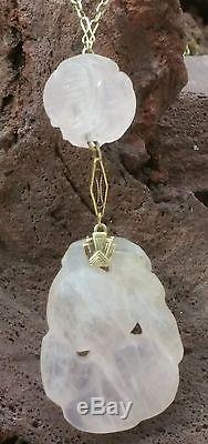 Antique 14k Yellow Gold Chinese Carved Rose Quartz Pendant Necklace Chain