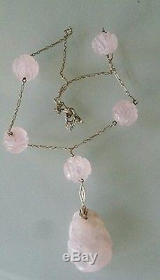 Antique 14k Yellow Gold Chinese Carved Rose Quartz Pendant Necklace Chain