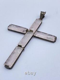 Antique 925 Sterling Silver & Pink Rose Quartz Cross Crucifix Necklace Pendant