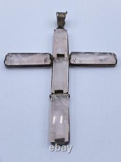 Antique 925 Sterling Silver & Pink Rose Quartz Cross Crucifix Necklace Pendant