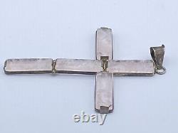Antique 925 Sterling Silver & Pink Rose Quartz Cross Crucifix Necklace Pendant