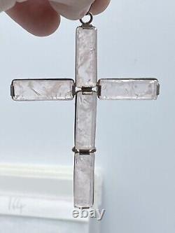 Antique 925 Sterling Silver & Pink Rose Quartz Cross Crucifix Necklace Pendant