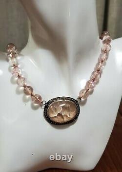 Antique Art Deco Chinese Silver ROSE QUARTZ Pendant Beaded Necklace