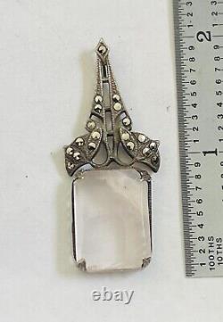 Antique Art Deco Sterling Silver Filigree Marcasite Rose Quartz Pendant