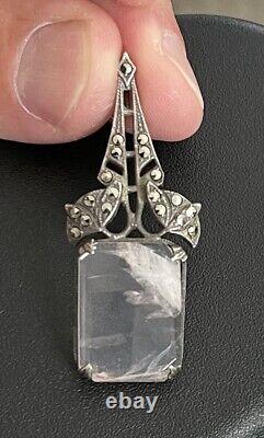 Antique Art Deco Sterling Silver Filigree Marcasite Rose Quartz Pendant