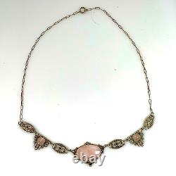 Antique Art Deco Sterling Silver Rose Quartz Marcasite Links Necklace