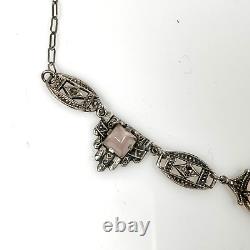 Antique Art Deco Sterling Silver Rose Quartz Marcasite Links Necklace