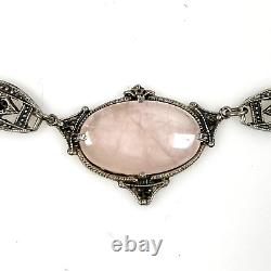 Antique Art Deco Sterling Silver Rose Quartz Marcasite Links Necklace