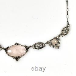 Antique Art Deco Sterling Silver Rose Quartz Marcasite Links Necklace