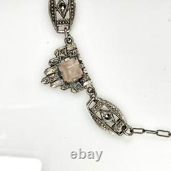 Antique Art Deco Sterling Silver Rose Quartz Marcasite Links Necklace