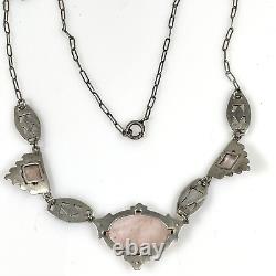 Antique Art Deco Sterling Silver Rose Quartz Marcasite Links Necklace