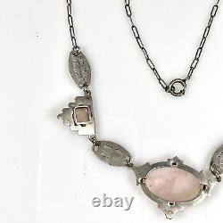 Antique Art Deco Sterling Silver Rose Quartz Marcasite Links Necklace