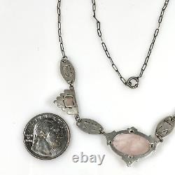 Antique Art Deco Sterling Silver Rose Quartz Marcasite Links Necklace