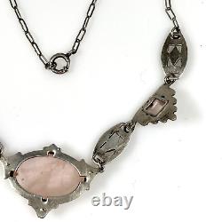 Antique Art Deco Sterling Silver Rose Quartz Marcasite Links Necklace