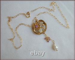 Antique Art Nouveau Pendant Faceted Pink Crystal Necklace Pink Tourmaline Bead