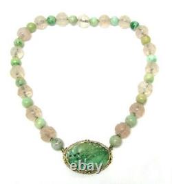 Antique Carved Jade, Rose Quartz & Seed Pearls 14k Gold Pendant Necklace