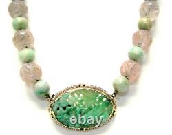Antique Carved Jade, Rose Quartz & Seed Pearls 14k Gold Pendant Necklace
