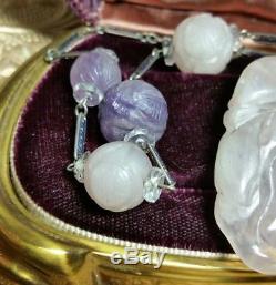 Antique Chinese Carved Genuine Amethyst Rose Quartz Shou Bead Pendant Necklace