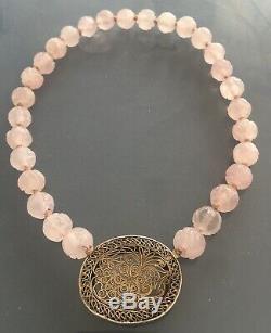Antique Chinese Carved Pink Rose Quartz Pendant Bead Necklace