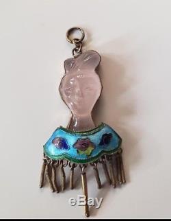 Antique Chinese Carved Rose Quartz and Enameled Sterling Silver Pendant