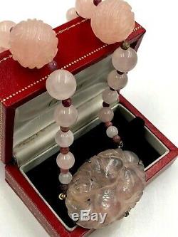 Antique Chinese Export Necklace Art Deco Org Carved Pierced Rose Quartz Sterling