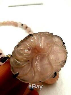 Antique Chinese Export Necklace Art Deco Org Carved Pierced Rose Quartz Sterling