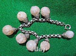 Antique Chinese Hand Carved Rose Quartz Beads Silver Charm Pendants Bracelet
