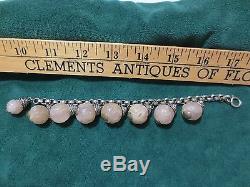Antique Chinese Hand Carved Rose Quartz Beads Silver Charm Pendants Bracelet