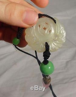 Antique Chinese Nephrite Jade Pendant Plaque Tourmaline Rose Quartz Mandarin