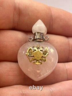 Antique Imperial Silver Fabergé Rose Quartz Gild Bottle Necklace 20th Century